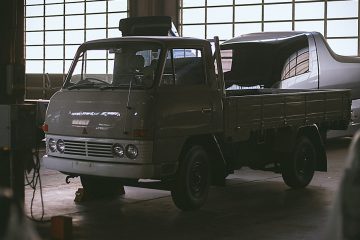 197s Mitsubishi Canter and Canter Eco D in a warehouse: part of the Fuso heritage truck collection