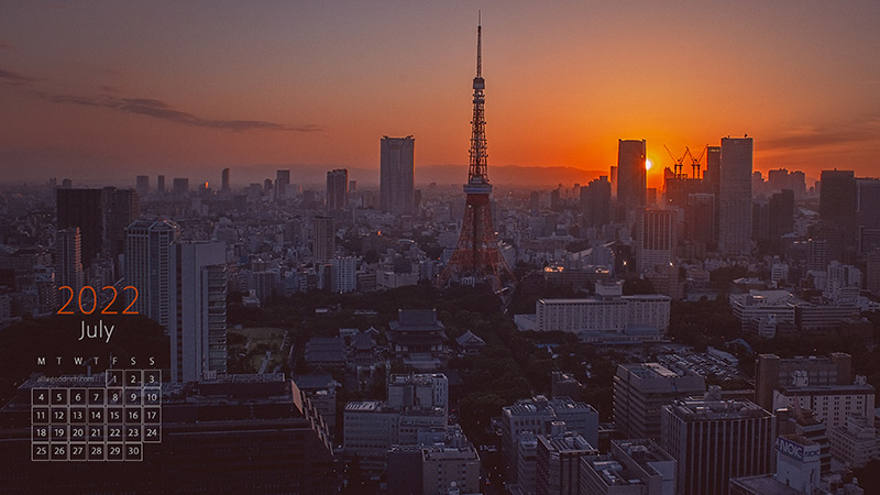 A sunset over Tokyo, looking towards the Tokyo Tower and Shinjuku from the World Trade Centre in Hammamatsucho